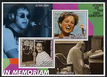 Somalia 2001 In Memoriam - Princess Diana & Walt Disney #08 perf sheetlet containing 2 values with Elton John & Mother Teresa in background unmounted mint, stamps on personalities, stamps on millennium, stamps on films, stamps on cinema, stamps on disney, stamps on royalty, stamps on diana, stamps on nobel, stamps on peace, stamps on music, stamps on pops