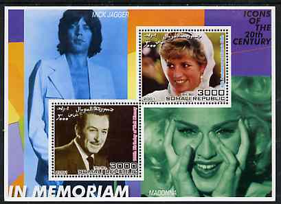 Somalia 2001 In Memoriam - Princess Diana & Walt Disney #11 perf sheetlet containing 2 values with Mick Jagger & Madonna in background unmounted mint, stamps on personalities, stamps on millennium, stamps on films, stamps on cinema, stamps on disney, stamps on royalty, stamps on diana, stamps on rock, stamps on music, stamps on 
