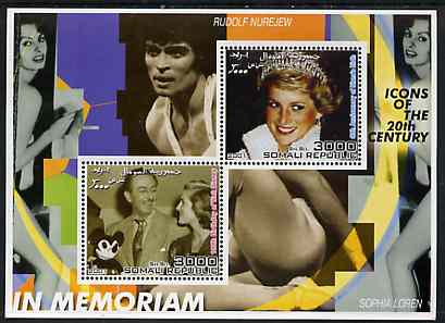 Somalia 2001 In Memoriam - Princess Diana & Walt Disney #12 perf sheetlet containing 2 values with Rudolf Nurejev & Sophia Loren in background unmounted mint, stamps on , stamps on  stamps on personalities, stamps on  stamps on millennium, stamps on  stamps on films, stamps on  stamps on cinema, stamps on  stamps on disney, stamps on  stamps on royalty, stamps on  stamps on diana, stamps on  stamps on ballet, stamps on  stamps on dancing