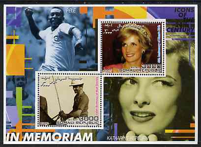 Somalia 2001 In Memoriam - Princess Diana & Walt Disney #14 perf sheetlet containing 2 values with Pele & Katharine Hepburn in background unmounted mint, stamps on personalities, stamps on millennium, stamps on films, stamps on cinema, stamps on disney, stamps on royalty, stamps on diana, stamps on football, stamps on sport