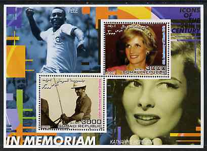 Somalia 2001 In Memoriam - Princess Diana & Walt Disney #14 perf sheetlet containing 2 values with Pele & Katharine Hepburn in background unmounted mint, stamps on , stamps on  stamps on personalities, stamps on  stamps on millennium, stamps on  stamps on films, stamps on  stamps on cinema, stamps on  stamps on disney, stamps on  stamps on royalty, stamps on  stamps on diana, stamps on  stamps on football, stamps on  stamps on sport