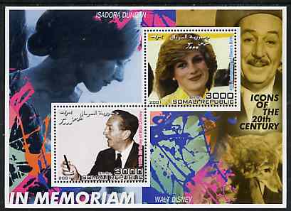 Somalia 2001 In Memoriam - Princess Diana & Walt Disney #15 perf sheetlet containing 2 values with Isadora Duncan in background unmounted mint, stamps on , stamps on  stamps on personalities, stamps on  stamps on millennium, stamps on  stamps on films, stamps on  stamps on cinema, stamps on  stamps on disney, stamps on  stamps on royalty, stamps on  stamps on diana, stamps on  stamps on dancing