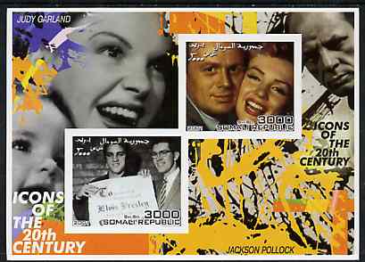 Somalia 2001 Icons of the 20th Century #08 - Elvis & Marilyn imperf sheetlet containing 2 values with Judy Garland & Jackson Pollock in background unmounted mint, stamps on , stamps on  stamps on personalities, stamps on  stamps on millennium, stamps on  stamps on movies, stamps on  stamps on films, stamps on  stamps on music, stamps on  stamps on marilyn, stamps on  stamps on elvis, stamps on  stamps on arts, stamps on  stamps on marilyn monroe