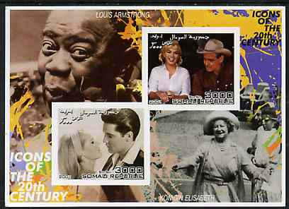 Somalia 2001 Icons of the 20th Century #12 - Elvis & Marilyn imperf sheetlet containing 2 values with Louis Armstrong & Queen Mother in background unmounted mint, stamps on , stamps on  stamps on personalities, stamps on  stamps on millennium, stamps on  stamps on movies, stamps on  stamps on films, stamps on  stamps on music, stamps on  stamps on marilyn, stamps on  stamps on elvis, stamps on  stamps on jazz, stamps on  stamps on queen mother, stamps on  stamps on , stamps on  stamps on marilyn monroe