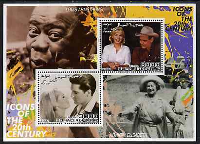 Somalia 2001 Icons of the 20th Century #12 - Elvis & Marilyn perf sheetlet containing 2 values with Louis Armstrong & Queen Mother in background unmounted mint, stamps on , stamps on  stamps on personalities, stamps on  stamps on millennium, stamps on  stamps on movies, stamps on  stamps on films, stamps on  stamps on music, stamps on  stamps on marilyn, stamps on  stamps on elvis, stamps on  stamps on jazz, stamps on  stamps on queen mother, stamps on  stamps on , stamps on  stamps on marilyn monroe