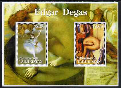 Tadjikistan 2001 Edgar Degas perf sheetlet containing 2 values unmounted mint, stamps on arts, stamps on degas, stamps on dancing, stamps on nudes