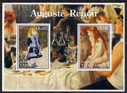Tadjikistan 2001 Auguste Renoir perf sheetlet containing 2 values unmounted mint, stamps on arts, stamps on renoir