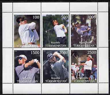Turkmenistan 1998 Golfers perf sheetlet containing 6 values unmounted mint, stamps on golf, stamps on sport