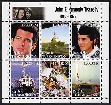 Turkmenistan 1999 John F Kennedy Jnr Tragedy perf sheetlet containing 6 values unmounted mint, stamps on , stamps on  stamps on personalities, stamps on  stamps on kennedy, stamps on  stamps on usa presidents, stamps on  stamps on americana, stamps on  stamps on ships