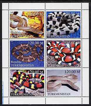 Turkmenistan 1999 Snakes perf sheetlet containing 6 values unmounted mint, stamps on , stamps on  stamps on reptiles, stamps on  stamps on animals, stamps on  stamps on snakes, stamps on  stamps on snake, stamps on  stamps on snakes, stamps on  stamps on 