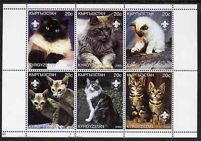 Kyrgyzstan 2000 Domestic Cats #1 perf sheetlet containing 6 values each with Scout Logo unmounted mint, stamps on , stamps on  stamps on cats, stamps on  stamps on scouts