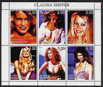 Tadjikistan 1999 Claudia Shiffer perf sheetlet containing 6 values unmounted mint, stamps on personalities, stamps on entertainments, stamps on films, stamps on cinema, stamps on fashion, stamps on women