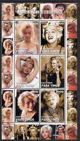 Timor (East) 2000 Marilyn Monroe #1 perf sheetlet containing 6 values unmounted mint, stamps on , stamps on  stamps on films, stamps on  stamps on cinema, stamps on  stamps on entertainments, stamps on  stamps on music, stamps on  stamps on personalities, stamps on  stamps on marilyn monroe