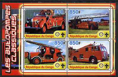 Congo 2005 Fire Engines #1 perf sheetlet containing set of 4 values each with Scout & Rotary Logos, unmounted mint, stamps on fire, stamps on scouts, stamps on rotary