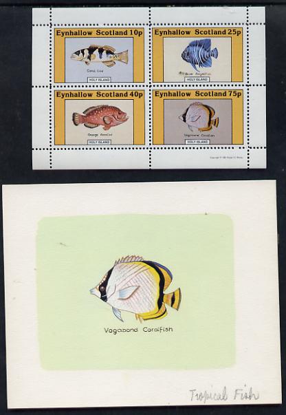 Eynhallow 1981 Fish #01 (Vagabond Coralfish) original artwork by Sharon File of the B L Kearley Studio, watercolour on board 100 x 80 mm plus issued perf sheetlet incorporating this image, stamps on , stamps on  stamps on fish
