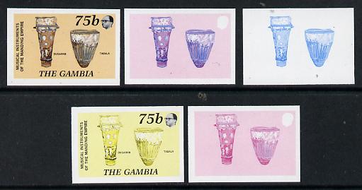 Gambia 1987 Musical Instruments 75b (Bugarab & Tabala) set of 5 imperf progressive colour proofs comprising blue & magenta individual colours, two 2-colour composites (blue & magenta and black & yellow) plus all 4 colours (ex one of the two Format archive sheets) as SG 686 unmounted mint*, stamps on , stamps on  stamps on music, stamps on  stamps on musical instruments