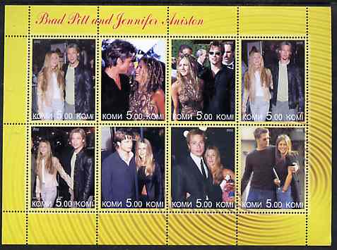 Komi Republic 2002 Brad Pitt & Jennifer Aniston perf sheetlet containing 8 values unmounted mint, stamps on , stamps on  stamps on personalities, stamps on  stamps on films, stamps on  stamps on movies, stamps on  stamps on cinema, stamps on  stamps on entertainments, stamps on  stamps on 