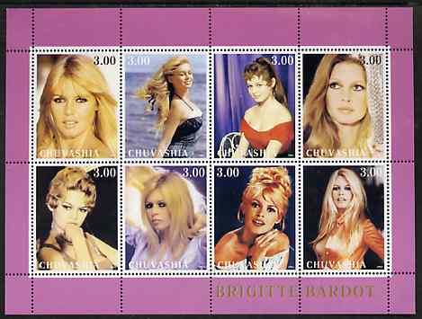 Chuvashia Republic 2001 Brigitte Bardot perf sheetlet containing 8 values unmounted mint, stamps on personalities, stamps on women, stamps on films, stamps on movies, stamps on cinema, stamps on entertainments, stamps on 
