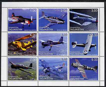 Tadjikistan 1999 Aircraft (Prop) perf sheetlet containing complete set of 9 values unmounted mint, stamps on aviation, stamps on 