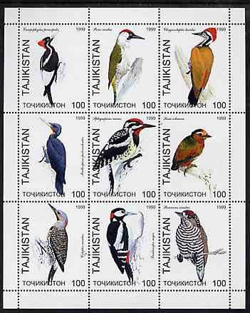 Tadjikistan 1999 Woodpeckers perf sheetlet containing complete set of 9 values unmounted mint, stamps on birds, stamps on woodpeckers