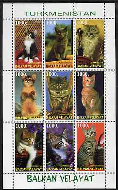 Turkmenistan (Balkan Velayat) 1999 ? Domestic Cats perf sheetlet containing 9 values unmounted mint, stamps on , stamps on  stamps on cats