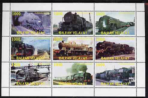 Turkmenistan (Balkan Velayat) 1999 ? Steam Locos perf sheetlet containing 9 values unmounted mint, stamps on , stamps on  stamps on railways