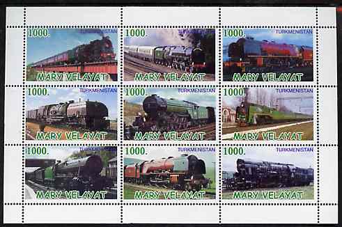 Turkmenistan (Mary Velayat) 1999 ? Steam Locos perf sheetlet containing 9 values unmounted mint, stamps on , stamps on  stamps on railways