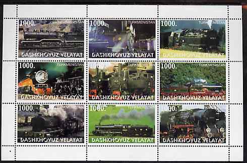 Turkmenistan (Dashkhovuz Velayat) 1999 ? Steam Locos perf sheetlet containing 9 values unmounted mint, stamps on railways