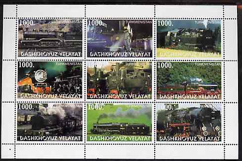 Turkmenistan (Dashkhovuz Velayat) 1999 ? Steam Locos perf sheetlet containing 9 values unmounted mint, stamps on , stamps on  stamps on railways