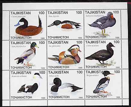 Tadjikistan 1999 Ducks perf sheetlet containing complete set of 9 values unmounted mint, stamps on , stamps on  stamps on birds, stamps on  stamps on ducks