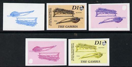 Gambia 1987 Musical Instruments 1d (Balaphong & Fiddle) set of 5 imperf progressive colour proofs comprising blue & magenta individual colours, two 2-colour composites (blue & magenta and black & yellow) plus all 4 colours (ex one of the two Format archive sheets) as SG 687 unmounted mint*, stamps on , stamps on  stamps on music, stamps on  stamps on musical instruments