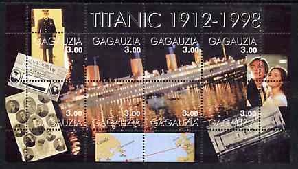 Gagauzia Republic 1998 Titanic perf sheetlet containing set of 8 values unmounted mint, stamps on , stamps on  stamps on films, stamps on  stamps on movies, stamps on  stamps on cinema, stamps on  stamps on entertainments, stamps on  stamps on disasters, stamps on  stamps on ships