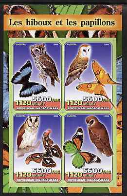 Madagascar 2004 Owls & Butterflies imperf sheetlet containing set of 4 values unmounted mint, stamps on , stamps on  stamps on butterflies, stamps on  stamps on birds, stamps on  stamps on birds of prey, stamps on  stamps on owls