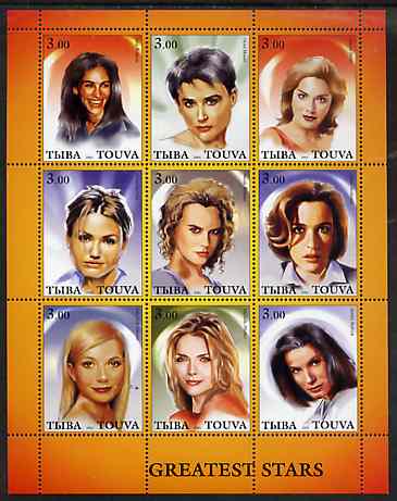 Touva 2001 Greatest Stars #3 (Female) perf sheetlet containing 9 values unmounted mint , stamps on , stamps on  stamps on personalities, stamps on  stamps on films, stamps on  stamps on cinema, stamps on  stamps on entertainments, stamps on  stamps on movies, stamps on  stamps on women, stamps on  stamps on 