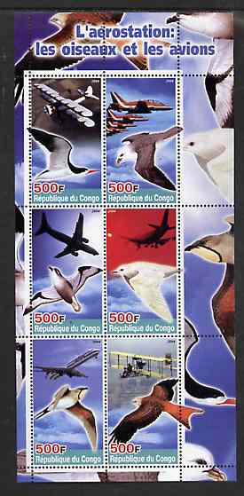 Congo 2004 Birds & Aircraft perf sheetlet containing 6 values unmounted mint , stamps on birds, stamps on aviation