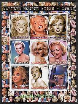 Afghanistan 2000 Marilyn Monroe #2 perf sheetlet containing set of 9 values unmounted mint, stamps on , stamps on  stamps on personalities, stamps on  stamps on women, stamps on  stamps on films, stamps on  stamps on movies, stamps on  stamps on cinema, stamps on  stamps on entertainments, stamps on  stamps on marilyn, stamps on  stamps on marilyn monroe