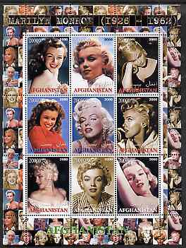 Afghanistan 2000 Marilyn Monroe #3 perf sheetlet containing set of 9 values unmounted mint, stamps on , stamps on  stamps on personalities, stamps on  stamps on women, stamps on  stamps on films, stamps on  stamps on movies, stamps on  stamps on cinema, stamps on  stamps on entertainments, stamps on  stamps on marilyn, stamps on  stamps on marilyn monroe