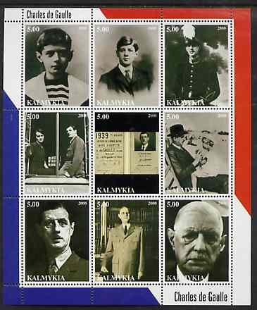 Kalmikia Republic 2000 Charles de Gaulle perf sheetlet containing complete set of 9 values unmounted mint, stamps on personalities, stamps on de gaulle, stamps on constitutions, stamps on  ww2 , stamps on , stamps on personalities, stamps on de gaulle, stamps on  ww1 , stamps on  ww2 , stamps on militaria
