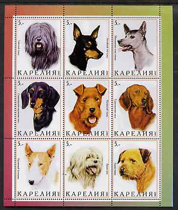 Karelia Republic 2000 Dogs perf sheetlet containing complete set of 9 values unmounted mint, stamps on , stamps on  stamps on dogs