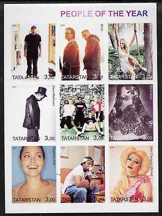 Tatarstan Republic 2001 People of the Year #2 imperf sheetlet containing set of 9 values unmounted mint (Bono, B Spears, etc), stamps on , stamps on  stamps on personalities, stamps on  stamps on millennium, stamps on  stamps on music, stamps on  stamps on pops, stamps on  stamps on rock