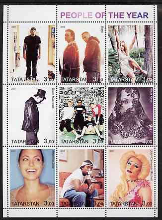 Tatarstan Republic 2001 People of the Year #2 perf sheetlet containing set of 9 values unmounted mint (Bono, B Spears, etc), stamps on , stamps on  stamps on personalities, stamps on  stamps on millennium, stamps on  stamps on music, stamps on  stamps on pops, stamps on  stamps on rock