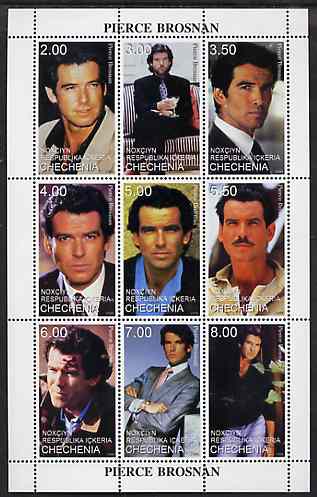 Chechenia 1999 Pierce Brosnan perf sheetlet containing set of 9 values unmounted mint, stamps on , stamps on  stamps on personalities, stamps on  stamps on movies, stamps on  stamps on films, stamps on  stamps on cinema, stamps on  stamps on entertainments