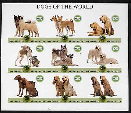 Turkmenistan 2001 ? Dogs of the World imperf sheetlet containing 9 values each with Scout logo unmounted mint, stamps on , stamps on  stamps on dogs, stamps on  stamps on scouts