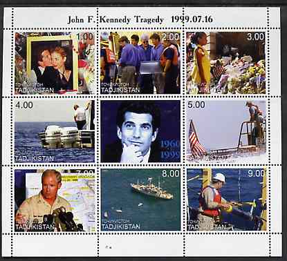 Tadjikistan 1999 John Kennedy Jnr #2 (horiz format) perf sheetlet containing 9 values unmounted mint, stamps on , stamps on  stamps on personalities, stamps on kennedy, stamps on  stamps on ships