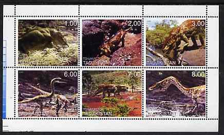 Tadjikistan 2000 Dinosaurs perf sheetlet containing 6 values unmounted mint, stamps on , stamps on  stamps on dinosaurs