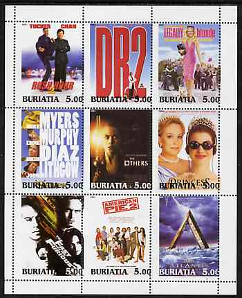 Buriatia Republic 2001 Film Posters perf sheetlet containing set of 9 values unmounted mint  , stamps on films, stamps on movies, stamps on cinema, stamps on entertainments, stamps on 