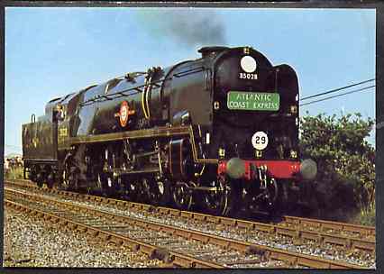 Postcard by Dennis - full colour showing SR Bulleid Pacific 4-6-2 No. 35028 Clan Line, mint & very fine, stamps on railways