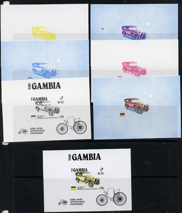 Gambia 1987 Ameripex (Benz Motor Car Centenary) m/sheet (1913 Benz 8/20) in set of 7 imperf progressive colour proofs comprising the 4 individual colours, two 2-colour & ..., stamps on cars, stamps on stamp exhibitions, stamps on benz