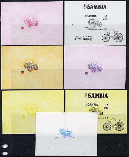 Gambia 1987 Ameripex (Benz Motor Car Centenary) m/sheet (1924 Steiger 10/50) in set of 7 imperf progressive colour proofs comprising the 4 individual colours, two 2-colour & 3-colour composites, Ex Format archive imperf proof sheet, as SG MS 658 unmounted mint, stamps on , stamps on  stamps on cars, stamps on  stamps on stamp exhibitions, stamps on  stamps on steiger