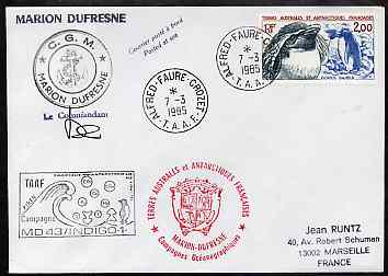 French Southern & Antarctic Territories 1985 cover bearing Rockhopper Penguin stamp (SG 186) with Alfred Faure Crozet cancel, various cachets incl Posted at Sea, Compagnie Generale Maritime & Marion Dufresne and signed by the Captain, stamps on , stamps on  stamps on birds, stamps on  stamps on polar, stamps on  stamps on penguins, stamps on  stamps on anchors